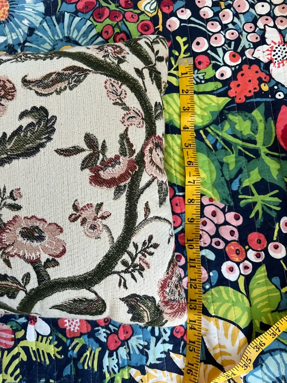 Embroidered Lumbar Pillow - Cream, Rose and Olive Floral Tapestry